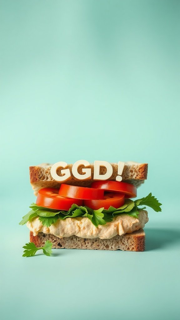 A veggie hummus sandwich with slices of tomato and greens, topped with the letters 'GGD!'