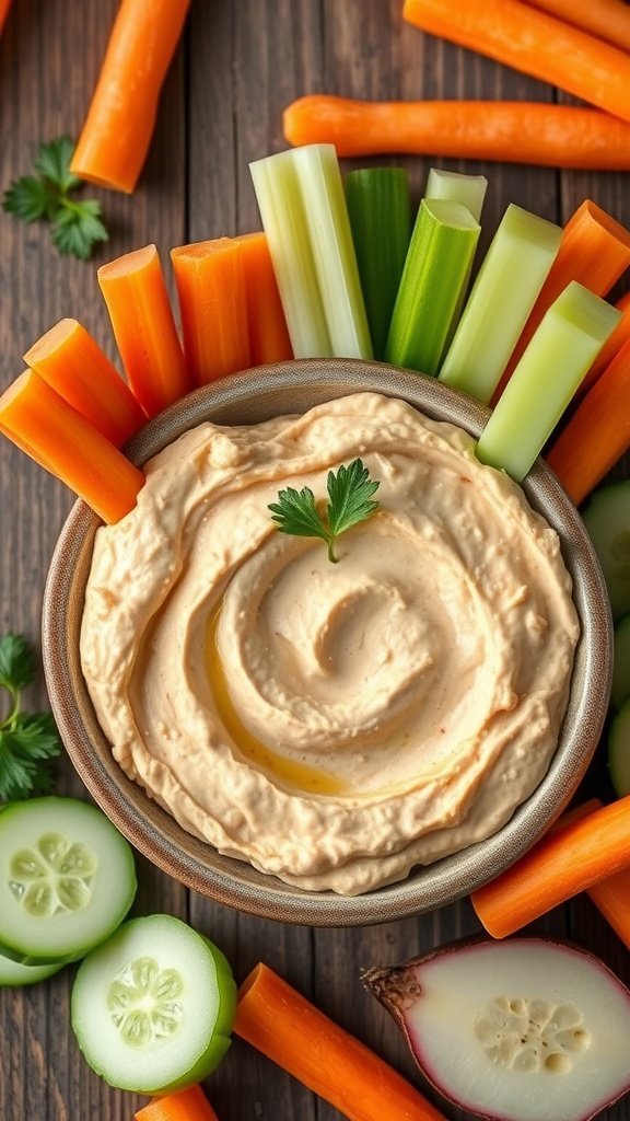 A bowl of hummus surrounded by colorful veggie sticks including carrots, celery, and cucumber.