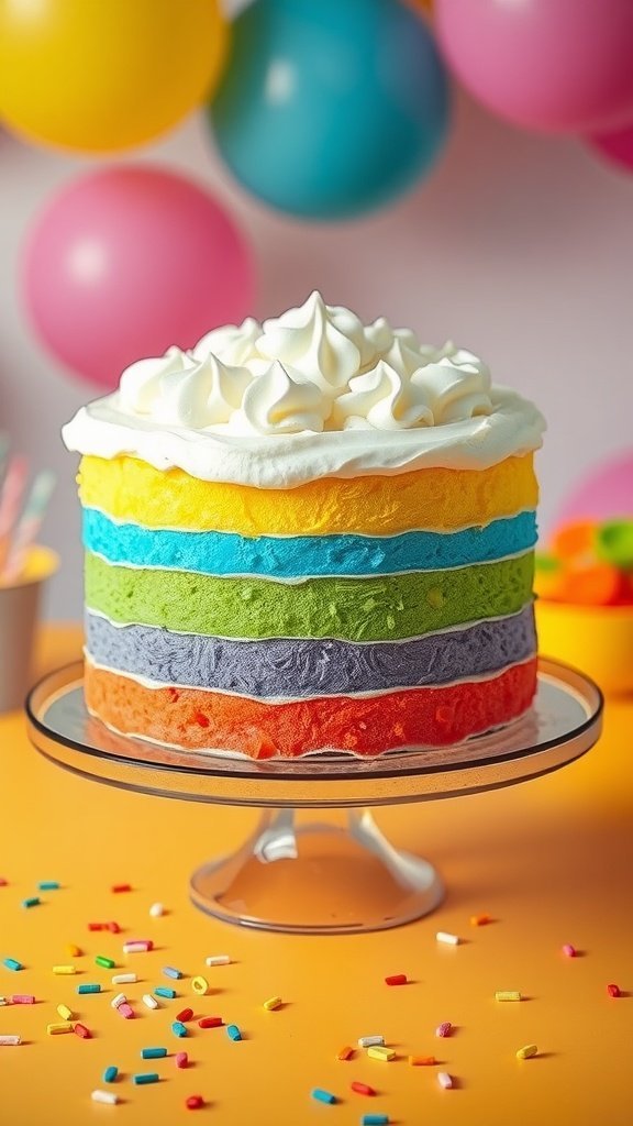 A colorful rainbow cake with layers of vibrant colors topped with whipped cream, surrounded by balloons.