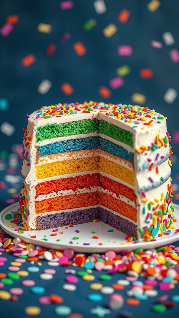 A slice of rainbow cake with multiple colorful layers and sprinkles on top