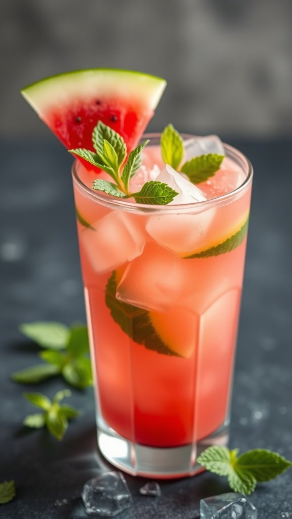 A bright pink Watermelon Mint Margarita garnished with a watermelon slice and mint leaves.