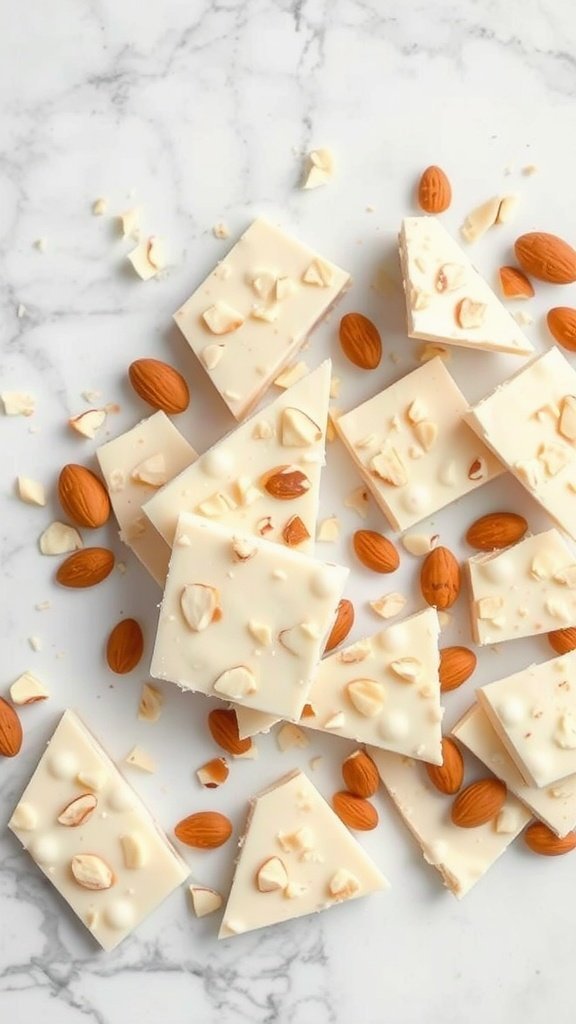 Pieces of white chocolate almond bark with whole and sliced almonds scattered around on a marble surface.
