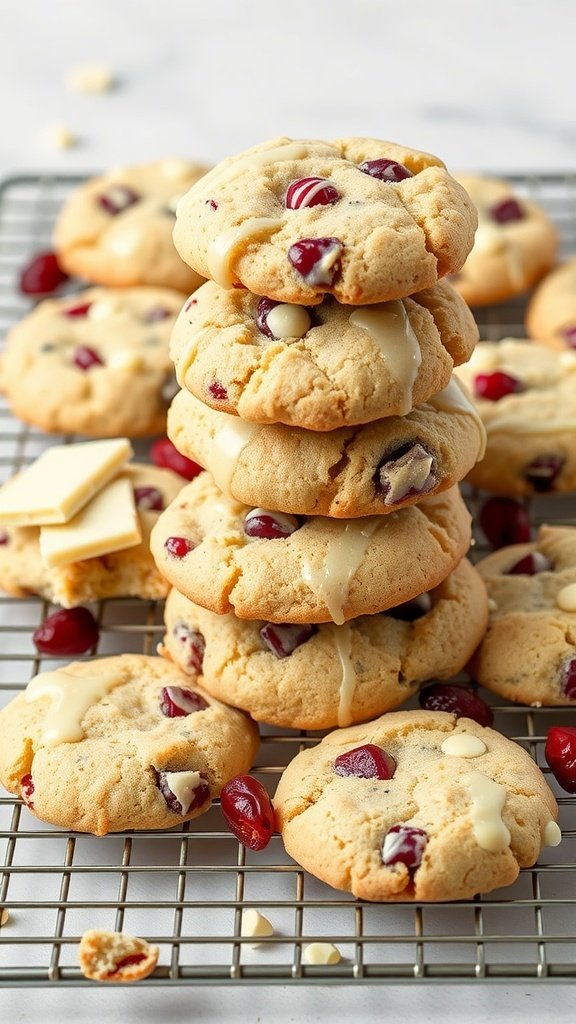 A stack of freshly baked white chocolate and cranberry cookies on a wire rack.
