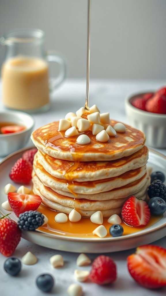 A stack of pancakes topped with white chocolate chips and syrup, surrounded by fresh berries.