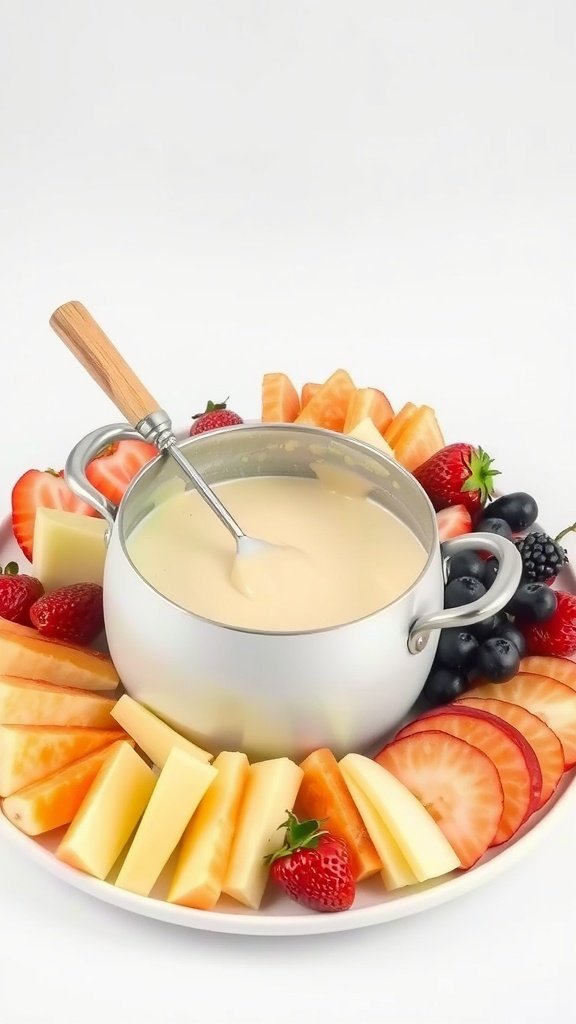 A pot of melted white chocolate fondue surrounded by fresh fruits on a platter