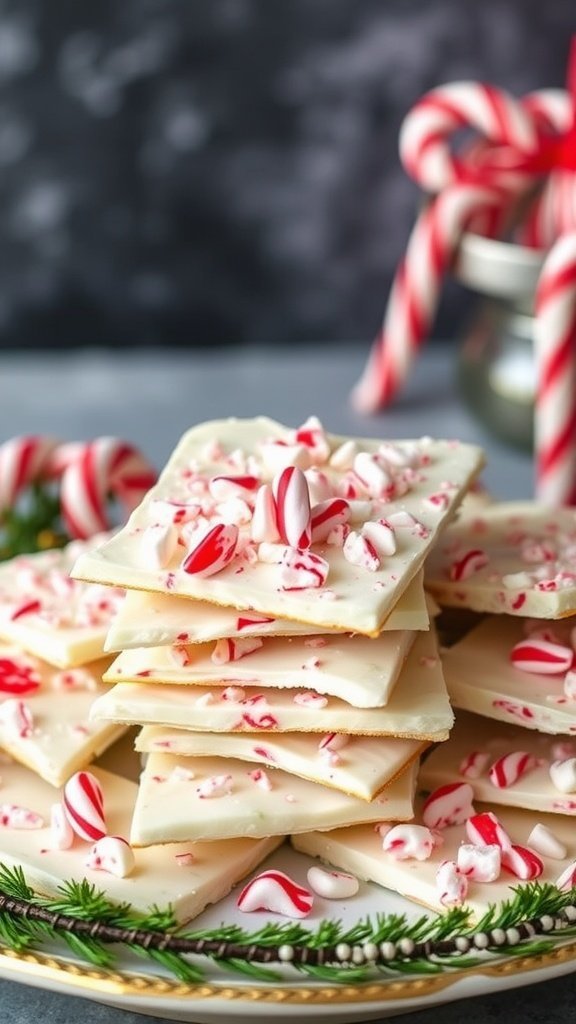 Delicious white chocolate peppermint bark stacked on a plate with crushed peppermint candies on top and candy canes in the background.