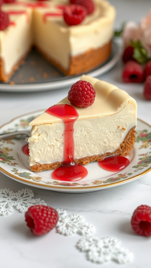 Slice of white chocolate raspberry cheesecake topped with raspberries and raspberry sauce on a floral plate.