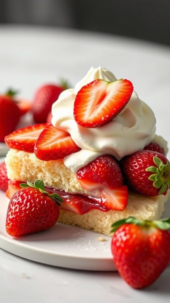 A slice of white chocolate strawberry shortcake topped with fresh strawberries and whipped cream on a white plate.