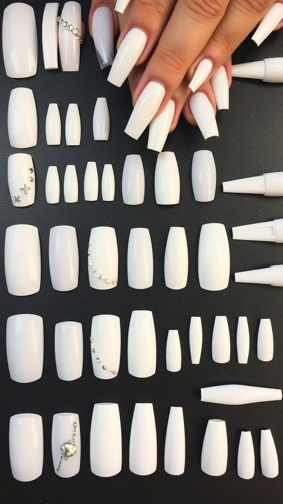 A display of various white nail designs, showcasing different lengths and decorations.