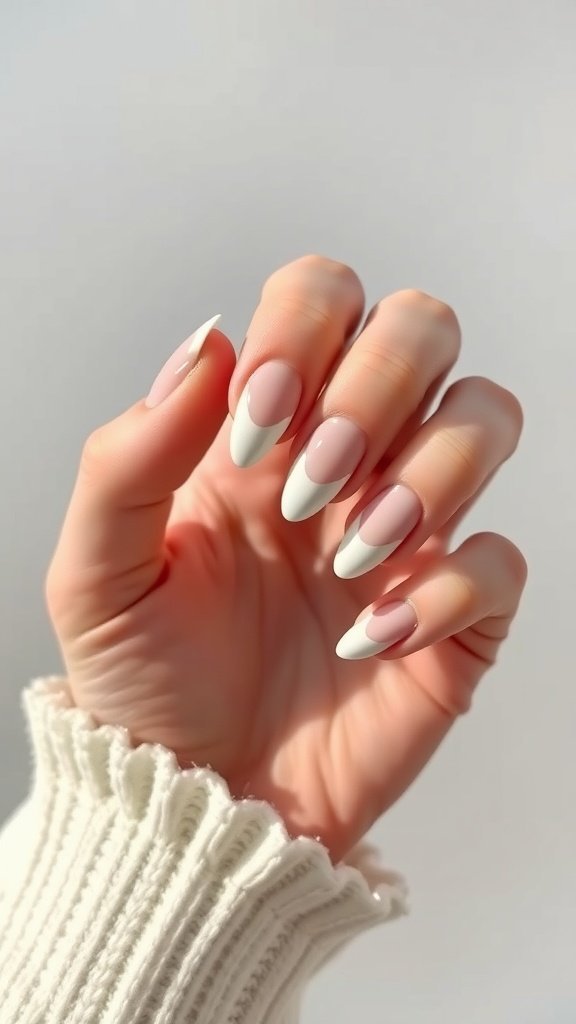 A hand displaying white ombre nails, featuring a soft pink base with white tips, held against a light background.