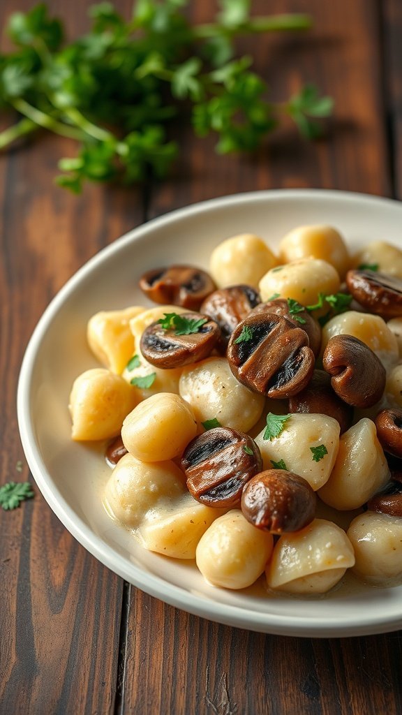 A plate of wild mushroom gnocchi in cream sauce garnished with parsley