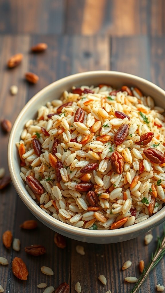 A bowl of wild rice pilaf with orzo and nuts