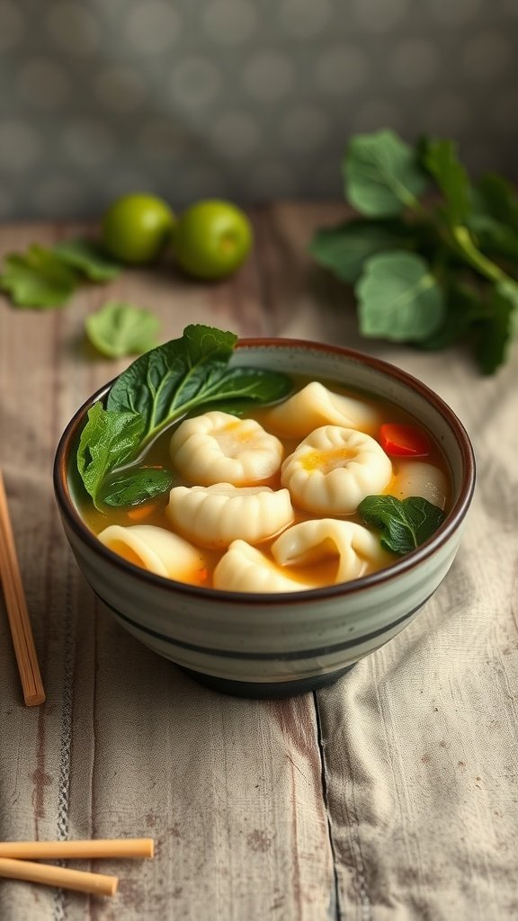 A bowl of wonton soup with greens, featuring tender wontons in a savory broth, surrounded by fresh herbs and vegetables