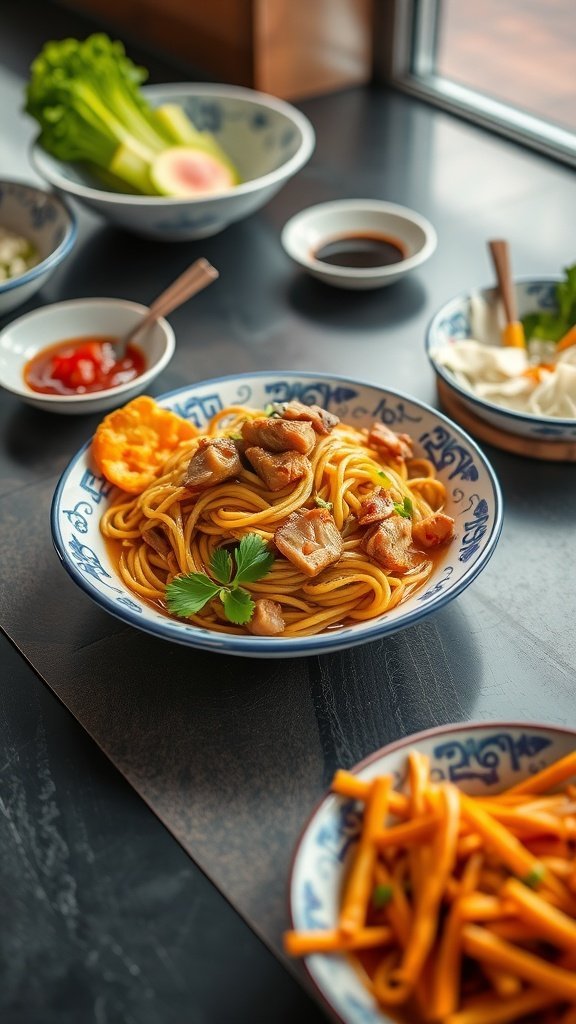 A bowl of yakisoba noodles with various toppings and side dishes.