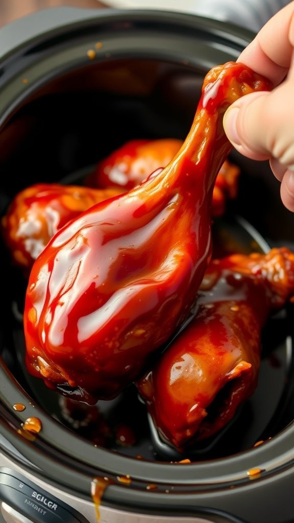 A hand picking up BBQ chicken drumstick from a crock pot filled with glazed chicken