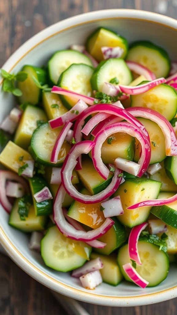 A bowl of zesty cucumber salad with cucumbers, red onions, and herbs.