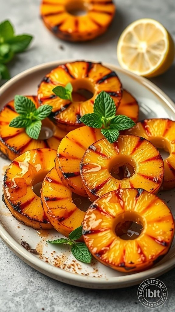 Grilled pineapple rings on a plate with mint leaves and lemon slices