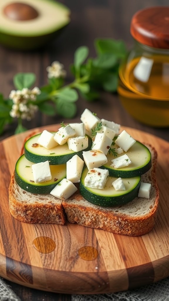 A delicious zucchini and feta sandwich on whole grain bread, garnished with fresh herbs.