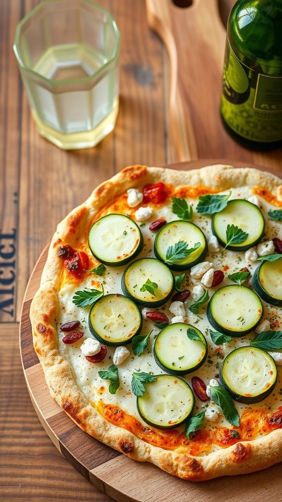 A freshly baked zucchini and ricotta pie topped with fresh herbs and served on a wooden board.