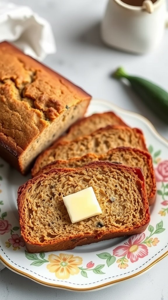 Sliced zucchini bread with butter on a colorful plate