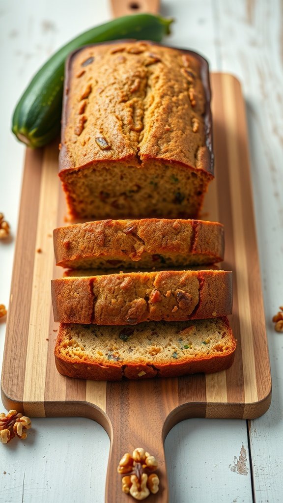 A freshly baked loaf of zucchini bread, sliced and placed on a wooden cutting board, with whole walnuts and a zucchini beside it.