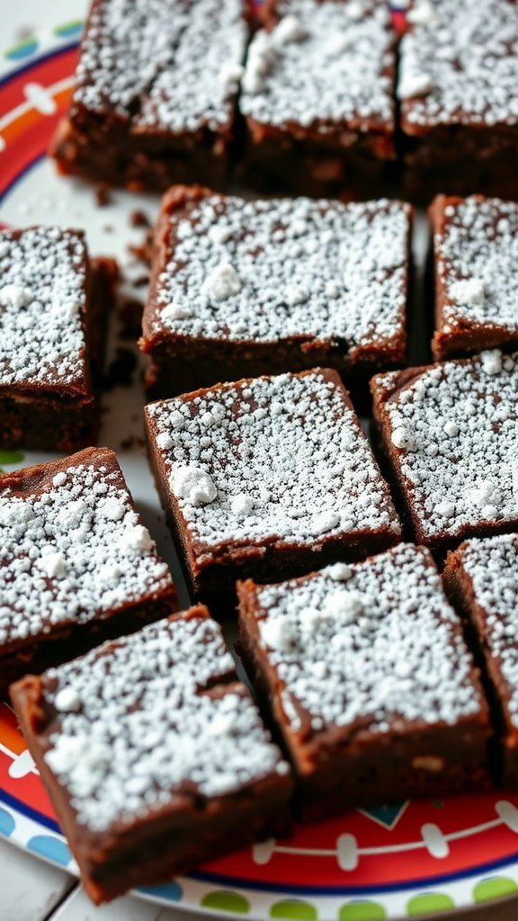 Delicious zucchini brownies cut into squares and sprinkled with powdered sugar.