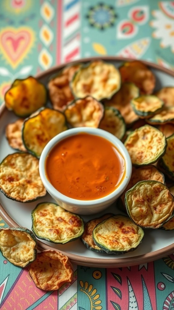 A plate of baked zucchini chips served with a bright orange dip on a colorful background.