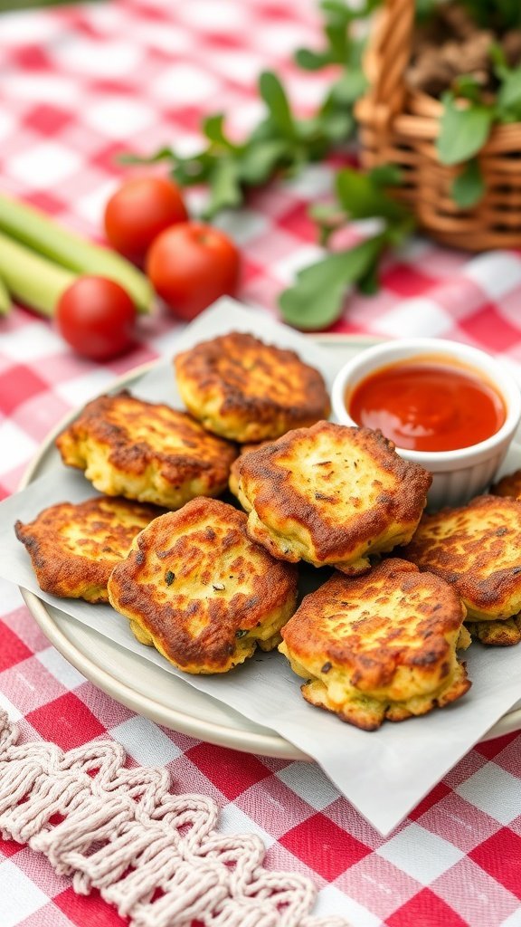 Plate of zucchini fritters with a dipping sauce, surrounded by fresh tomatoes and celery on a picnic blanket.