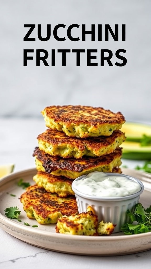 A stack of golden-brown zucchini fritters with a small bowl of creamy dip