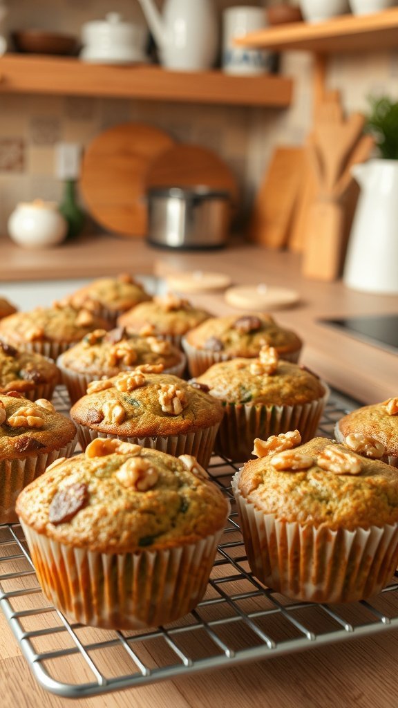 A batch of freshly baked zucchini muffins with walnuts cooling on a wire rack in a cozy kitchen setting.
