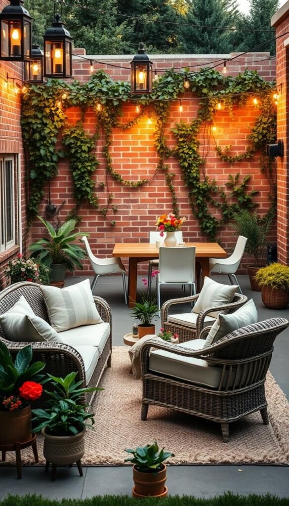 A beautifully curated patio setting with plush, inviting furniture in a warm, summer-inspired palette. In the foreground, a wicker loveseat and matching armchairs sit atop a lush, textured rug, surrounded by potted greenery and seasonal blooms. The middle ground features a sleek, wooden dining table with modern, minimalist chairs, bathed in soft, golden light from overhead lanterns. In the background, a brick or stone wall creates a cozy, intimate atmosphere, while lush, trailing vines and string lights add a touch of whimsy. The overall scene evokes a sense of relaxation, comfort, and stylish outdoor living.