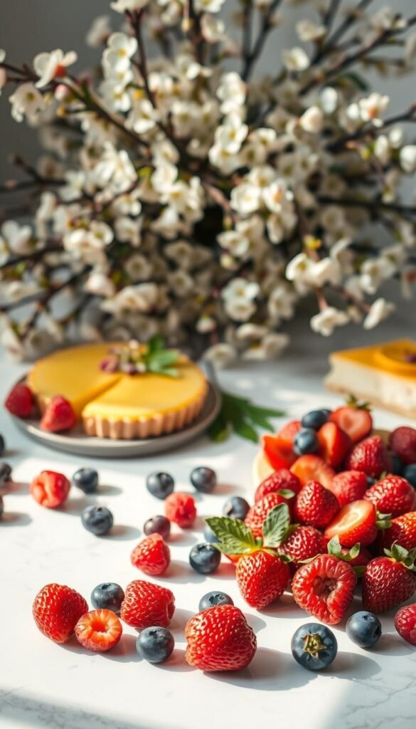 A beautifully lit overhead shot of an artfully arranged selection of spring fruits and desserts. In the foreground, a variety of vibrant berries - plump raspberries, juicy blueberries, and succulent strawberries - spilled across a white marble surface. In the middle ground, delicate slices of freshly baked lemon tart and a creamy cheesecake, garnished with edible flowers and citrus zest. The background features a lush bouquet of flowering branches, casting a soft, warm glow over the scene. The lighting is natural and diffused, creating a serene, springtime atmosphere. The camera angle is tilted slightly to add depth and visual interest, capturing the textures and colors of these luscious seasonal delights. A beautifully lit overhead shot of an artfully arranged selection of spring fruits and desserts. In the foreground, a variety of vibrant berries - plump raspberries, juicy blueberries, and succulent strawberries - spilled across a white marble surface. In the middle ground, delicate slices of freshly baked lemon tart and a creamy cheesecake, garnished with edible flowers and citrus zest. The background features a lush bouquet of flowering branches, casting a soft, warm glow over the scene. The lighting is natural and diffused, creating a serene, springtime atmosphere. The camera angle is tilted slightly to add depth and visual interest, capturing the textures and colors of these luscious seasonal delights.