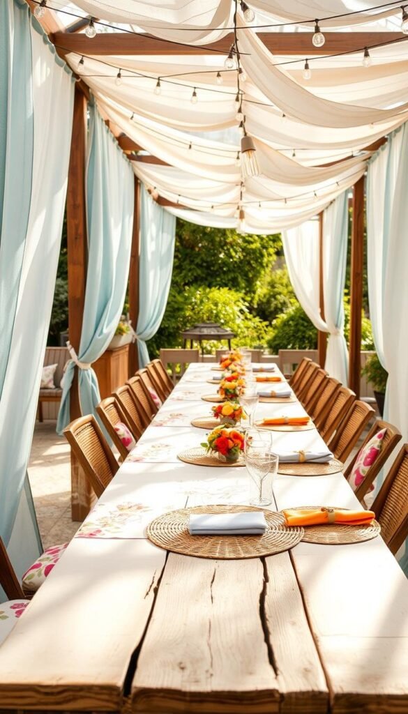 A breezy, sun-dappled outdoor dining setting, featuring a long, rustic wooden table draped with airy, summery textiles. In the foreground, a crisp white linen tablecloth is accented with vibrant floral patterns in shades of pink, orange, and yellow. Flowing sheer curtains in soft blues and greens frame the scene, gently billowing in a gentle breeze. Colorful woven placemats, napkins, and napkin rings add pops of texture and color, complementing the natural wood tones. Overhead, a canopy of string lights casts a warm, inviting glow, creating a cozy, convivial ambiance perfect for al fresco dining on a balmy summer evening. A breezy, sun-dappled outdoor dining setting, featuring a long, rustic wooden table draped with airy, summery textiles. In the foreground, a crisp white linen tablecloth is accented with vibrant floral patterns in shades of pink, orange, and yellow. Flowing sheer curtains in soft blues and greens frame the scene, gently billowing in a gentle breeze. Colorful woven placemats, napkins, and napkin rings add pops of texture and color, complementing the natural wood tones. Overhead, a canopy of string lights casts a warm, inviting glow, creating a cozy, convivial ambiance perfect for al fresco dining on a balmy summer evening.