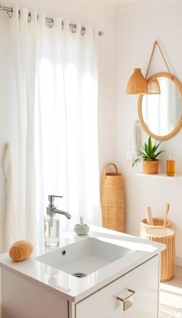 A bright, airy beach-themed bathroom with a calming color palette of soft blues, greens, and whites. Foreground features a sleek white vanity with minimalist hardware, a glass soap dispenser, and a natural sea sponge. Middle ground showcases a natural woven basket, a ceramic tumbler, and a bamboo toothbrush holder. Background includes a sheer white curtain billowing in the breeze, a hanging rattan mirror, and a potted succulent on the windowsill. Warm, diffused natural lighting casts a gentle glow, evoking a serene, spa-like ambiance. A bright, airy beach-themed bathroom with a calming color palette of soft blues, greens, and whites. Foreground features a sleek white vanity with minimalist hardware, a glass soap dispenser, and a natural sea sponge. Middle ground showcases a natural woven basket, a ceramic tumbler, and a bamboo toothbrush holder. Background includes a sheer white curtain billowing in the breeze, a hanging rattan mirror, and a potted succulent on the windowsill. Warm, diffused natural lighting casts a gentle glow, evoking a serene, spa-like ambiance.
