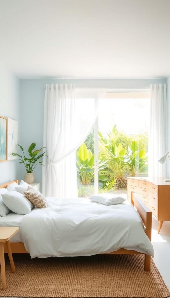 A bright, airy bedroom with a light, calming color palette. Soft blue walls, crisp white bedding, and natural wood accents create a serene, coastal-inspired atmosphere. An oversized sheer curtain billows gently in the breeze, casting a warm, diffused light over the space. A large, plant-filled window offers a picturesque view of a lush garden outside. Minimalist mid-century modern furniture, including a low-profile bed frame and a sleek dresser, lend a contemporary yet relaxed vibe. Subtle texture from a woven area rug and throw pillows add depth and visual interest. The overall effect is a tranquil, rejuvenating retreat perfect for a summer bedroom makeover. A bright, airy bedroom with a light, calming color palette. Soft blue walls, crisp white bedding, and natural wood accents create a serene, coastal-inspired atmosphere. An oversized sheer curtain billows gently in the breeze, casting a warm, diffused light over the space. A large, plant-filled window offers a picturesque view of a lush garden outside. Minimalist mid-century modern furniture, including a low-profile bed frame and a sleek dresser, lend a contemporary yet relaxed vibe. Subtle texture from a woven area rug and throw pillows add depth and visual interest. The overall effect is a tranquil, rejuvenating retreat perfect for a summer bedroom makeover.