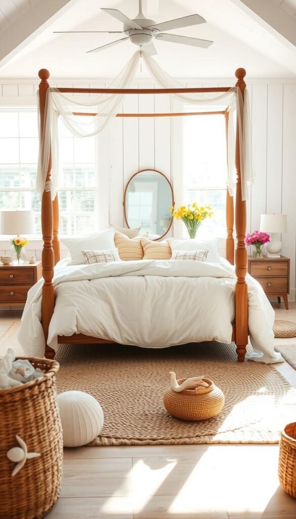 A bright, airy bedroom with warm, natural lighting flooding through large windows. In the foreground, a plush, white comforter covers a wooden, four-poster bed, accented with soft, pastel throw pillows and a lightweight, sheer canopy. On the nightstands, vases of fresh, fragrant flowers add pops of vibrant color. In the middle ground, a woven area rug and a mid-century modern dresser with a mirror create a cohesive, summery aesthetic. The background features whitewashed wood paneling, enhancing the breezy, coastal ambiance. Throughout the scene, strategically placed seasonal decor, such as seashells, driftwood, and wicker baskets, tie the space together in a harmonious, relaxing manner. A bright, airy bedroom with warm, natural lighting flooding through large windows. In the foreground, a plush, white comforter covers a wooden, four-poster bed, accented with soft, pastel throw pillows and a lightweight, sheer canopy. On the nightstands, vases of fresh, fragrant flowers add pops of vibrant color. In the middle ground, a woven area rug and a mid-century modern dresser with a mirror create a cohesive, summery aesthetic. The background features whitewashed wood paneling, enhancing the breezy, coastal ambiance. Throughout the scene, strategically placed seasonal decor, such as seashells, driftwood, and wicker baskets, tie the space together in a harmonious, relaxing manner.