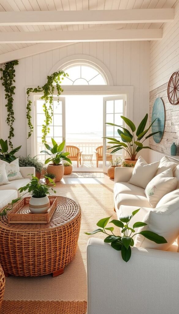 A bright, airy coastal living room filled with natural textures and soothing colors. In the foreground, a woven rattan coffee table is surrounded by plush, light-colored sofas adorned with crisp, white cushions and coastal-themed throw pillows. Trailing vines and lush potted plants lend a lush, verdant feel. The middle ground features a large window overlooking a picturesque beach scene, with sunlight streaming in and casting a warm, golden glow. In the background, white-washed wood paneling and a driftwood-inspired accent wall create a calming, seaside atmosphere. Soft, ambient lighting completes the tranquil, summery vibe. A bright, airy coastal living room filled with natural textures and soothing colors. In the foreground, a woven rattan coffee table is surrounded by plush, light-colored sofas adorned with crisp, white cushions and coastal-themed throw pillows. Trailing vines and lush potted plants lend a lush, verdant feel. The middle ground features a large window overlooking a picturesque beach scene, with sunlight streaming in and casting a warm, golden glow. In the background, white-washed wood paneling and a driftwood-inspired accent wall create a calming, seaside atmosphere. Soft, ambient lighting completes the tranquil, summery vibe.
