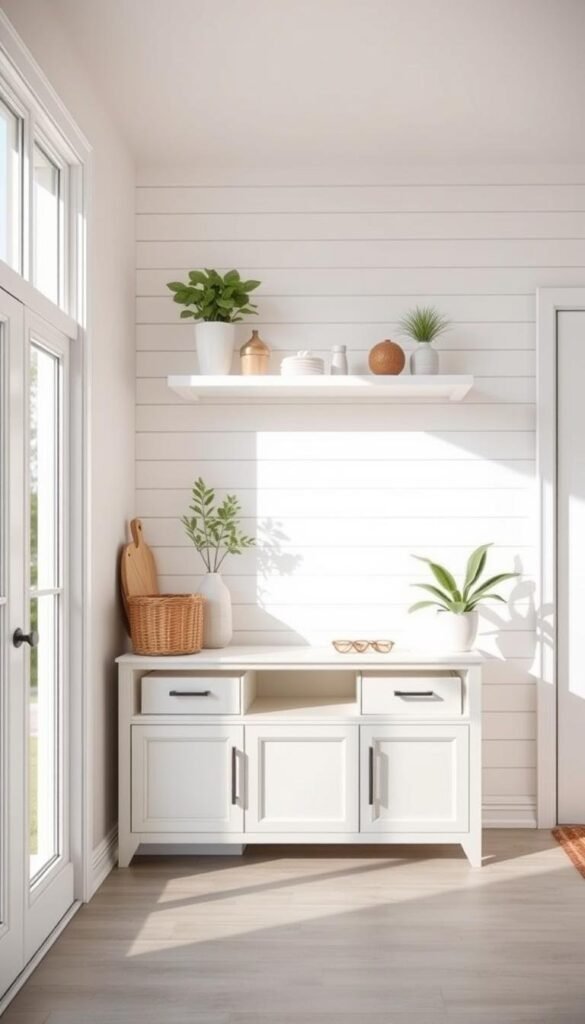 A bright, airy entryway with natural light flooding through large windows. In the foreground, a modern, minimalist console table with clean lines and ample storage space, perfect for organizing keys, mail, and other everyday items. A woven basket on the table adds a touch of texture and warmth. The middle ground features a sleek, floating shelf above the console, displaying decorative objects and plants that bring the outdoors in. The background showcases a light-colored shiplap or whitewashed wood wall, creating a calming, serene atmosphere. Subtle, diffused lighting from overhead fixtures casts a gentle glow, accentuating the entryway's functional yet stylish storage solutions. A bright, airy entryway with natural light flooding through large windows. In the foreground, a modern, minimalist console table with clean lines and ample storage space, perfect for organizing keys, mail, and other everyday items. A woven basket on the table adds a touch of texture and warmth. The middle ground features a sleek, floating shelf above the console, displaying decorative objects and plants that bring the outdoors in. The background showcases a light-colored shiplap or whitewashed wood wall, creating a calming, serene atmosphere. Subtle, diffused lighting from overhead fixtures casts a gentle glow, accentuating the entryway's functional yet stylish storage solutions.