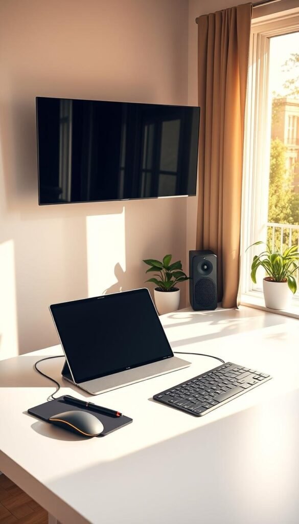 A bright, airy home office in the summer, bathed in warm natural light. On the desk, a sleek laptop, wireless mouse, and an ergonomic keyboard sit alongside a tablet and stylus. A high-resolution monitor is wall-mounted, its display crisp and vibrant. A smart speaker on the corner of the desk fills the room with ambient music. The window is open, allowing a gentle breeze to stir the plants on the windowsill. The overall atmosphere is one of productivity, comfort, and creativity. A bright, airy home office in the summer, bathed in warm natural light. On the desk, a sleek laptop, wireless mouse, and an ergonomic keyboard sit alongside a tablet and stylus. A high-resolution monitor is wall-mounted, its display crisp and vibrant. A smart speaker on the corner of the desk fills the room with ambient music. The window is open, allowing a gentle breeze to stir the plants on the windowsill. The overall atmosphere is one of productivity, comfort, and creativity.