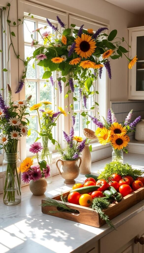 A bright, airy kitchen bathed in warm summer sunlight. Vases and bowls filled with fresh-cut flowers from the garden - vibrant daisies, cheerful sunflowers, and fragrant lavender. Trailing vines and lush greenery spill from the window sills, blurring the line between indoors and out. On the countertop, a rustic wooden serving tray holds an array of seasonal produce - juicy tomatoes, crisp cucumbers, and fragrant herbs. The scene is filled with a sense of lightness and rejuvenation, capturing the essence of summer's bounty brought inside. A bright, airy kitchen bathed in warm summer sunlight. Vases and bowls filled with fresh-cut flowers from the garden - vibrant daisies, cheerful sunflowers, and fragrant lavender. Trailing vines and lush greenery spill from the window sills, blurring the line between indoors and out. On the countertop, a rustic wooden serving tray holds an array of seasonal produce - juicy tomatoes, crisp cucumbers, and fragrant herbs. The scene is filled with a sense of lightness and rejuvenation, capturing the essence of summer's bounty brought inside.