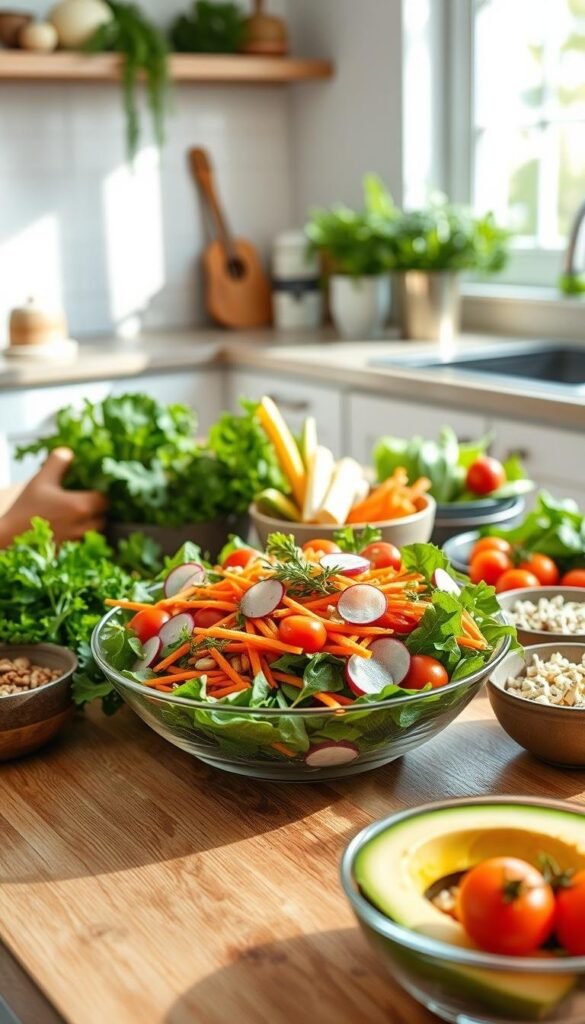 A bright, airy kitchen. On a wooden table, an assortment of fresh spring greens, crisp vegetables, and vibrant fruits arranged in a visually appealing display. Soft, natural lighting filters in through a nearby window, casting a warm glow across the table. In the foreground, a large salad bowl filled with a colorful mix of leafy greens, thinly sliced carrots, juicy cherry tomatoes, and crunchy radish slices. Garnished with sprigs of herbs and a drizzle of light dressing, the salad appears inviting and packed with flavor. Surrounding the main salad are smaller bowls filled with additional toppings like toasted nuts, crumbled feta, and sliced avocado. The overall atmosphere is one of simplicity, freshness, and the vibrant flavors of the season. A bright, airy kitchen. On a wooden table, an assortment of fresh spring greens, crisp vegetables, and vibrant fruits arranged in a visually appealing display. Soft, natural lighting filters in through a nearby window, casting a warm glow across the table. In the foreground, a large salad bowl filled with a colorful mix of leafy greens, thinly sliced carrots, juicy cherry tomatoes, and crunchy radish slices. Garnished with sprigs of herbs and a drizzle of light dressing, the salad appears inviting and packed with flavor. Surrounding the main salad are smaller bowls filled with additional toppings like toasted nuts, crumbled feta, and sliced avocado. The overall atmosphere is one of simplicity, freshness, and the vibrant flavors of the season.