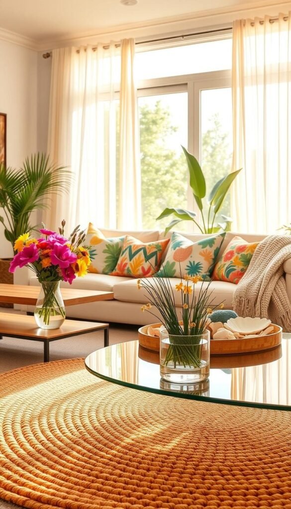 A bright, airy summer-themed living room filled with cheerful accessories. In the foreground, a plush woven area rug in warm coastal hues anchors the space. Atop a sleek wooden coffee table, a bouquet of fresh wildflowers in a glass vase adds a natural, vibrant touch. Nearby, a set of colorful throw pillows in tropical patterns and a cozy knit blanket in a soft pastel shade create an inviting, relaxed atmosphere. In the middle ground, a large window floods the room with golden afternoon sunlight, casting a warm glow on the ensemble of potted succulents and a decorative seashell-adorned tray. The background features lightweight, sheer curtains billowing gently in a gentle breeze, hinting at the breezy, summer-inspired ambiance. A bright, airy summer-themed living room filled with cheerful accessories. In the foreground, a plush woven area rug in warm coastal hues anchors the space. Atop a sleek wooden coffee table, a bouquet of fresh wildflowers in a glass vase adds a natural, vibrant touch. Nearby, a set of colorful throw pillows in tropical patterns and a cozy knit blanket in a soft pastel shade create an inviting, relaxed atmosphere. In the middle ground, a large window floods the room with golden afternoon sunlight, casting a warm glow on the ensemble of potted succulents and a decorative seashell-adorned tray. The background features lightweight, sheer curtains billowing gently in a gentle breeze, hinting at the breezy, summer-inspired ambiance.