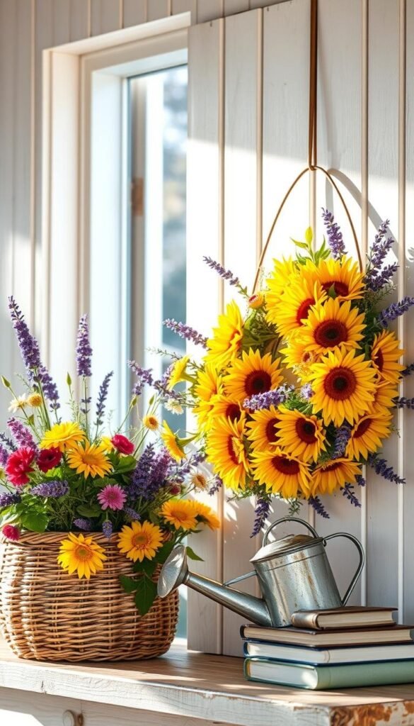 A bright and airy summer scene with a lush floral wreath hanging on a white wooden door. The wreath is overflowing with sunflowers, lavender, and other vibrant blooms, their petals gently swaying in a warm breeze. Soft natural light filters through an open window, casting a warm glow on the rustic accents - a woven basket brimming with more fresh flowers, a vintage watering can, and a stack of worn gardening books. The overall atmosphere is one of welcoming comfort and the simple joys of the season. A bright and airy summer scene with a lush floral wreath hanging on a white wooden door. The wreath is overflowing with sunflowers, lavender, and other vibrant blooms, their petals gently swaying in a warm breeze. Soft natural light filters through an open window, casting a warm glow on the rustic accents - a woven basket brimming with more fresh flowers, a vintage watering can, and a stack of worn gardening books. The overall atmosphere is one of welcoming comfort and the simple joys of the season.