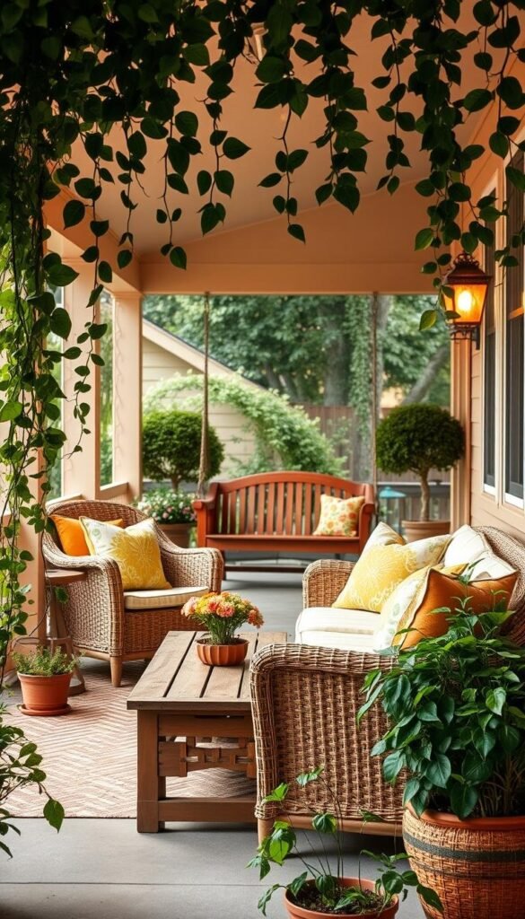 A bright and inviting porch layout with a cozy seating area, lush greenery, and natural wood accents. In the foreground, a comfortable wicker loveseat and armchair are arranged around a low wooden coffee table, adorned with vibrant throw pillows. Trailing vines and potted plants frame the scene, creating a sense of lush, natural ambiance. The middle ground features a classic wooden porch swing, gently swaying in the warm breeze. In the background, the porch structure is highlighted by warm, diffused lighting, casting a soft glow and welcoming atmosphere. The overall composition conveys a harmonious blend of relaxation, style, and nature-inspired design. A bright and inviting porch layout with a cozy seating area, lush greenery, and natural wood accents. In the foreground, a comfortable wicker loveseat and armchair are arranged around a low wooden coffee table, adorned with vibrant throw pillows. Trailing vines and potted plants frame the scene, creating a sense of lush, natural ambiance. The middle ground features a classic wooden porch swing, gently swaying in the warm breeze. In the background, the porch structure is highlighted by warm, diffused lighting, casting a soft glow and welcoming atmosphere. The overall composition conveys a harmonious blend of relaxation, style, and nature-inspired design.