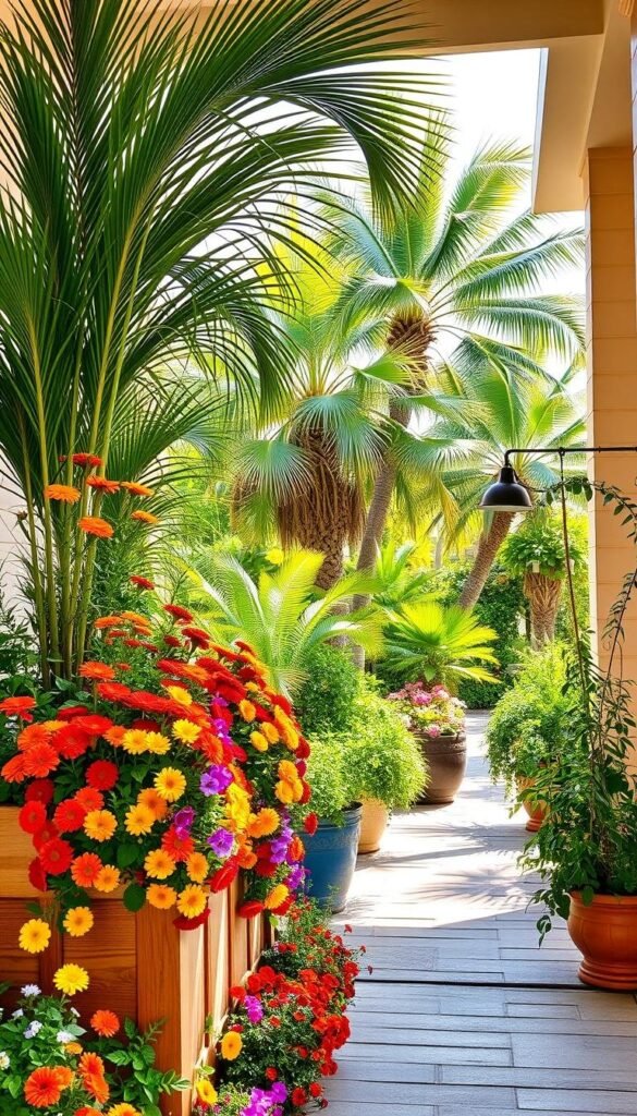A bright and welcoming summer entryway with a lush display of vibrant seasonal flowers and verdant greenery. In the foreground, an array of blooming annuals such as colorful zinnias, marigolds, and petunias cascade down a wooden planter box. The middle ground features a mix of potted plants, including lush ferns, trailing vines, and fragrant herbs. Tall, swaying palm fronds and a canopy of leafy trees create a dappled, sun-dappled backdrop. Warm, golden natural lighting filters through, casting a soft, inviting glow. The overall atmosphere exudes a sense of abundant, sun-kissed summer charm. A bright and welcoming summer entryway with a lush display of vibrant seasonal flowers and verdant greenery. In the foreground, an array of blooming annuals such as colorful zinnias, marigolds, and petunias cascade down a wooden planter box. The middle ground features a mix of potted plants, including lush ferns, trailing vines, and fragrant herbs. Tall, swaying palm fronds and a canopy of leafy trees create a dappled, sun-dappled backdrop. Warm, golden natural lighting filters through, casting a soft, inviting glow. The overall atmosphere exudes a sense of abundant, sun-kissed summer charm.