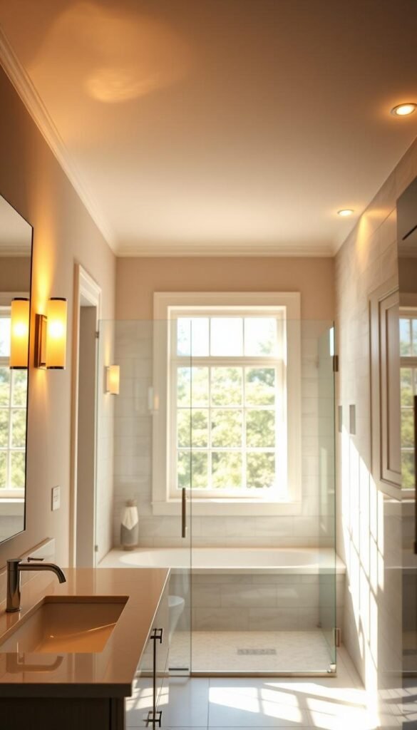 A bright, elegant bathroom interior with fresh, warm lighting. In the foreground, a vanity with a modern, minimalist fixture casts a soft, ambient glow. In the middle ground, a large window lets in natural daylight, casting dynamic shadows and highlights. The background features a tiled shower enclosure with a contemporary rainfall showerhead and recessed lighting. The overall atmosphere is calming, spa-like, and reflective of a summer bathroom refresh. A bright, elegant bathroom interior with fresh, warm lighting. In the foreground, a vanity with a modern, minimalist fixture casts a soft, ambient glow. In the middle ground, a large window lets in natural daylight, casting dynamic shadows and highlights. The background features a tiled shower enclosure with a contemporary rainfall showerhead and recessed lighting. The overall atmosphere is calming, spa-like, and reflective of a summer bathroom refresh.
