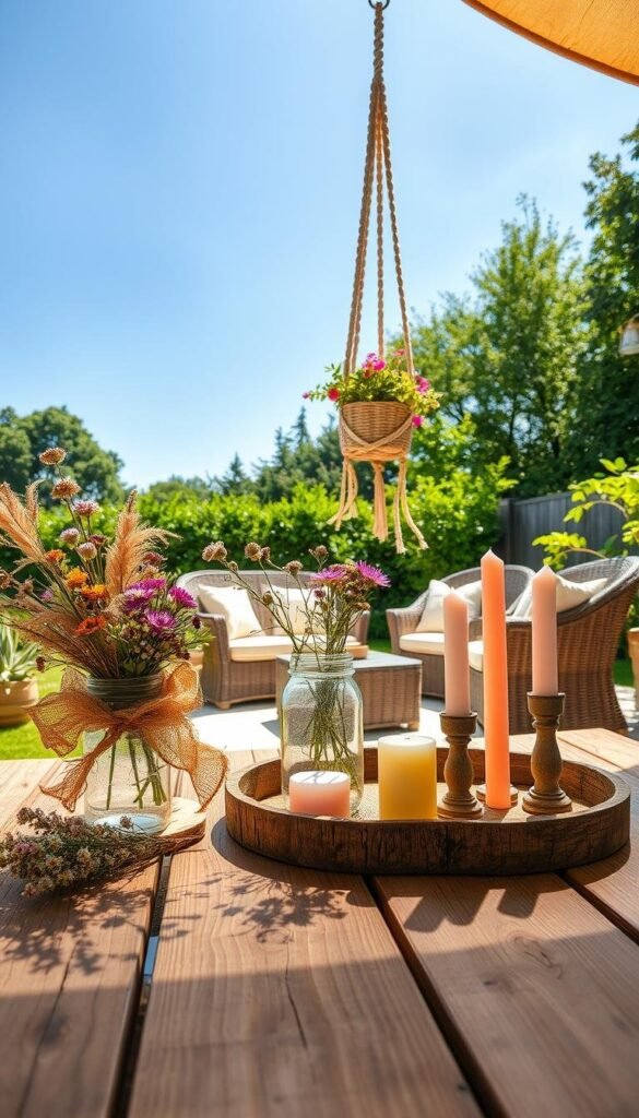 A bright, sunny summer's day in an idyllic backyard setting. In the foreground, a rustic wooden table is adorned with a cheerful array of handmade summer decor items - a burlap wreath with dried flowers, a mason jar vase filled with vibrant wildflowers, and a set of pastel-colored candles. The middle ground features a cozy outdoor lounge area with wicker furniture and plush cushions, all accented by a hanging macrame plant holder. In the background, lush greenery and a clear blue sky create a serene, relaxing atmosphere. The lighting is warm and natural, captured with a wide-angle lens to showcase the entire scene. This image conveys the joy, creativity, and cost-effective benefits of DIY summer home decor. A bright, sunny summer's day in an idyllic backyard setting. In the foreground, a rustic wooden table is adorned with a cheerful array of handmade summer decor items - a burlap wreath with dried flowers, a mason jar vase filled with vibrant wildflowers, and a set of pastel-colored candles. The middle ground features a cozy outdoor lounge area with wicker furniture and plush cushions, all accented by a hanging macrame plant holder. In the background, lush greenery and a clear blue sky create a serene, relaxing atmosphere. The lighting is warm and natural, captured with a wide-angle lens to showcase the entire scene. This image conveys the joy, creativity, and cost-effective benefits of DIY summer home decor.