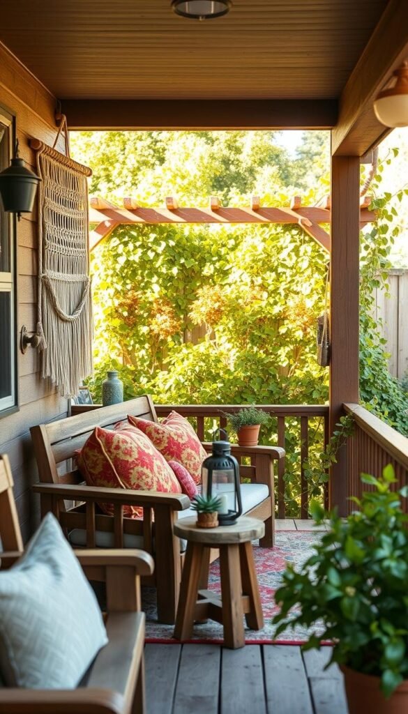 A charming backyard porch with rustic wooden furniture and an eclectic mix of DIY decor elements. In the foreground, a cozy loveseat adorned with colorful throw pillows and a handmade macrame wall hanging. In the middle ground, a small side table displaying a potted succulent and a vintage lantern. The background features lush greenery, with a wooden trellis supporting climbing vines, creating a natural, inviting ambiance. The scene is bathed in warm, golden afternoon light, captured by a wide-angle lens to showcase the quaint, personalized touches that make this porch a unique outdoor retreat. A charming backyard porch with rustic wooden furniture and an eclectic mix of DIY decor elements. In the foreground, a cozy loveseat adorned with colorful throw pillows and a handmade macrame wall hanging. In the middle ground, a small side table displaying a potted succulent and a vintage lantern. The background features lush greenery, with a wooden trellis supporting climbing vines, creating a natural, inviting ambiance. The scene is bathed in warm, golden afternoon light, captured by a wide-angle lens to showcase the quaint, personalized touches that make this porch a unique outdoor retreat.