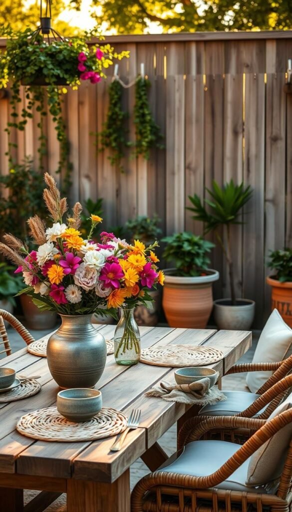 A charming outdoor dining setting bathed in warm, golden afternoon light. In the foreground, a rustic wooden table is adorned with woven placemats, textured ceramic dishware, and a vase overflowing with vibrant summer blooms. Surrounding the table, rattan armchairs with plush cushions invite guests to linger. In the middle ground, lush potted plants and hanging greenery create a lush, natural ambiance. The background features a beautifully weathered wooden fence, softly blurred, allowing the focus to remain on the inviting dining arrangement.
