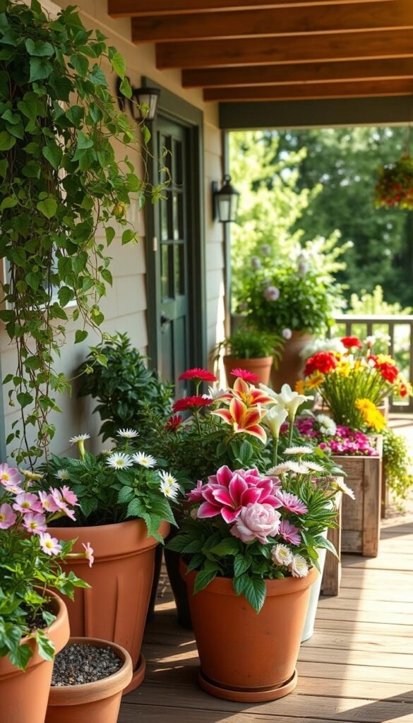 A charming porch adorned with an array of seasonal potted plants and vibrant floral arrangements. In the foreground, an assortment of lush greenery in terracotta pots, including trailing vines, blooming geraniums, and verdant ferns. The middle ground features a mix of colorful flowers, such as cheerful daisies, fragrant lilies, and delicate peonies, all arranged in weathered wooden planters. Sunlight filters through the porch's wooden beams, casting a warm, inviting glow over the scene. The background suggests a cozy, welcoming home, with a glimpse of the entrance door and surrounding foliage. The overall atmosphere evokes a sense of summer tranquility and outdoor rejuvenation. A charming porch adorned with an array of seasonal potted plants and vibrant floral arrangements. In the foreground, an assortment of lush greenery in terracotta pots, including trailing vines, blooming geraniums, and verdant ferns. The middle ground features a mix of colorful flowers, such as cheerful daisies, fragrant lilies, and delicate peonies, all arranged in weathered wooden planters. Sunlight filters through the porch's wooden beams, casting a warm, inviting glow over the scene. The background suggests a cozy, welcoming home, with a glimpse of the entrance door and surrounding foliage. The overall atmosphere evokes a sense of summer tranquility and outdoor rejuvenation.